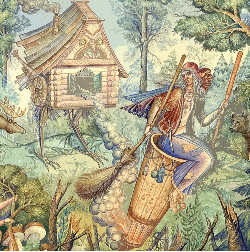 A detailed folk-art style illustration showing a woman riding a broom-covered drum-like vehicle through a forest, with a small house on legs and woodland animals in the background. The scene is richly detailed and fills the frame and is a great introduction to January Slavic Sunday Workshop - The Myth and Magic of Baba Yaga