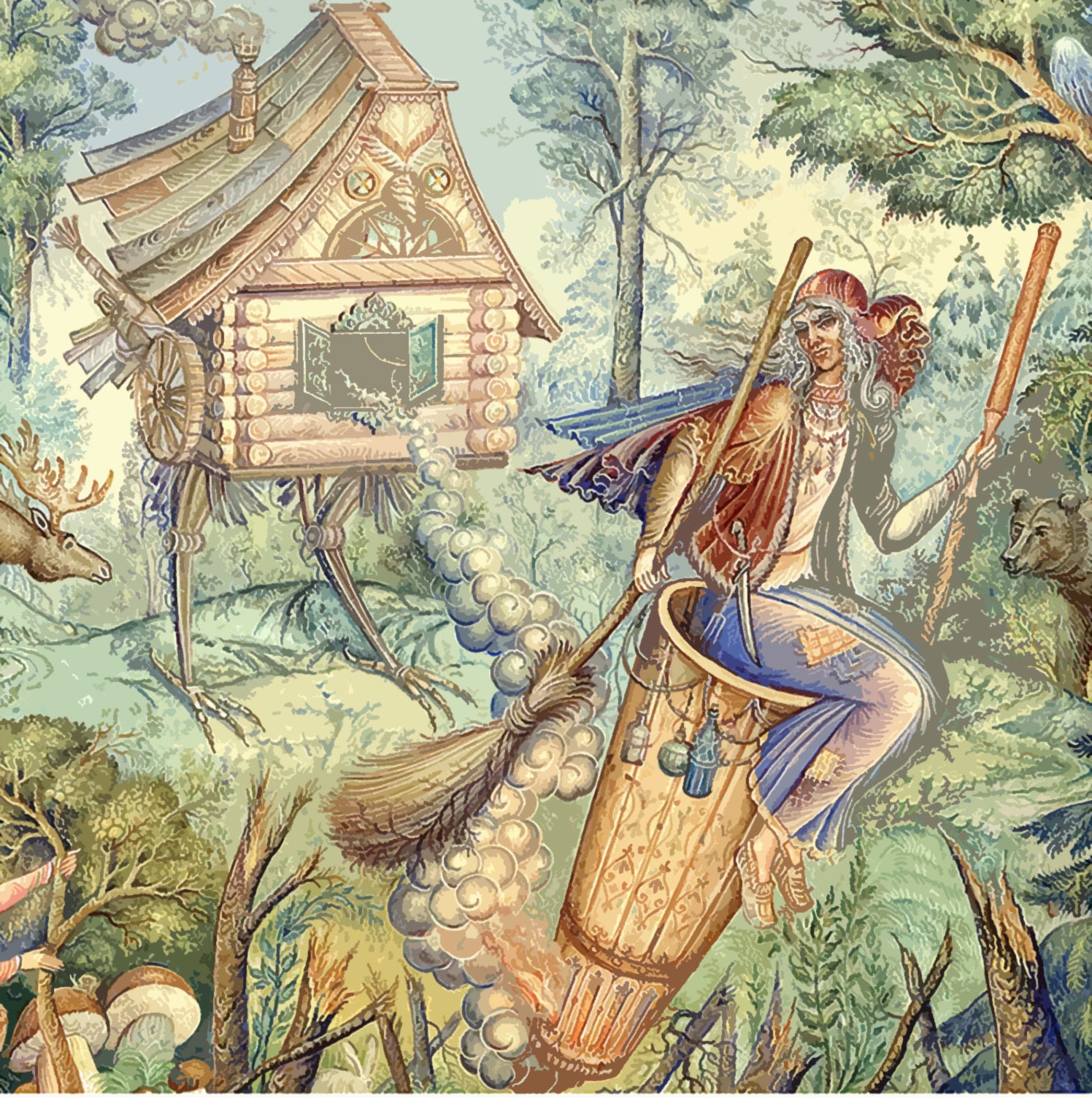 A detailed folk-art style illustration showing a woman riding a broom-covered drum-like vehicle through a forest, with a small house on legs and woodland animals in the background. The scene is richly detailed and fills the frame and is a great introduction to January Slavic Sunday Workshop - The Myth and Magic of Baba Yaga