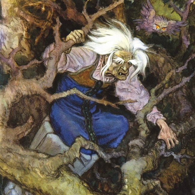 A fantasy illustration of an old woman with wild white hair, wearing a pink top and blue skirt, crouching among tangled tree branches. A purple owl with an orange eye is visible in the upper right corner. This is the visual introduction to January Slavic Sunday Workshop - The Myth and Magic of Baba Yaga